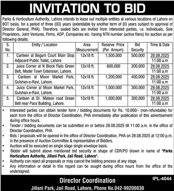 Parks & Horticulture Authority Lahore Tender Notice